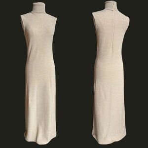 70s Vintage Metallic Maxi Shift Dress Turtleneck Sleeveless Sweater Gold.